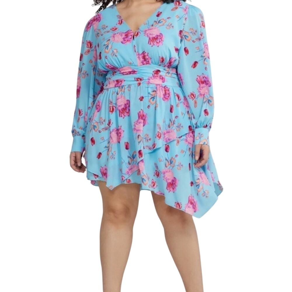 Fashion to Figure Blue Floral Wrap Dress Bishop Sleeves Asymmetrical 2X NWT